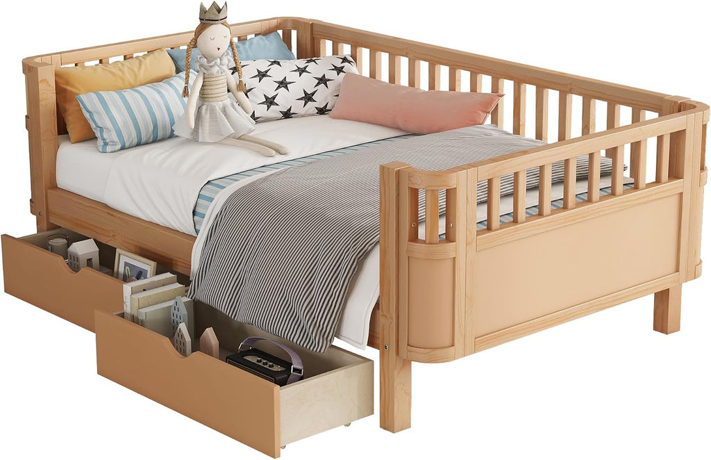 Harper & Bright Designs Twin Size Low Platform Bed Frame, Daybed with Fence and Drawers, Low Profile Bed for Kids Bed Room, Natural