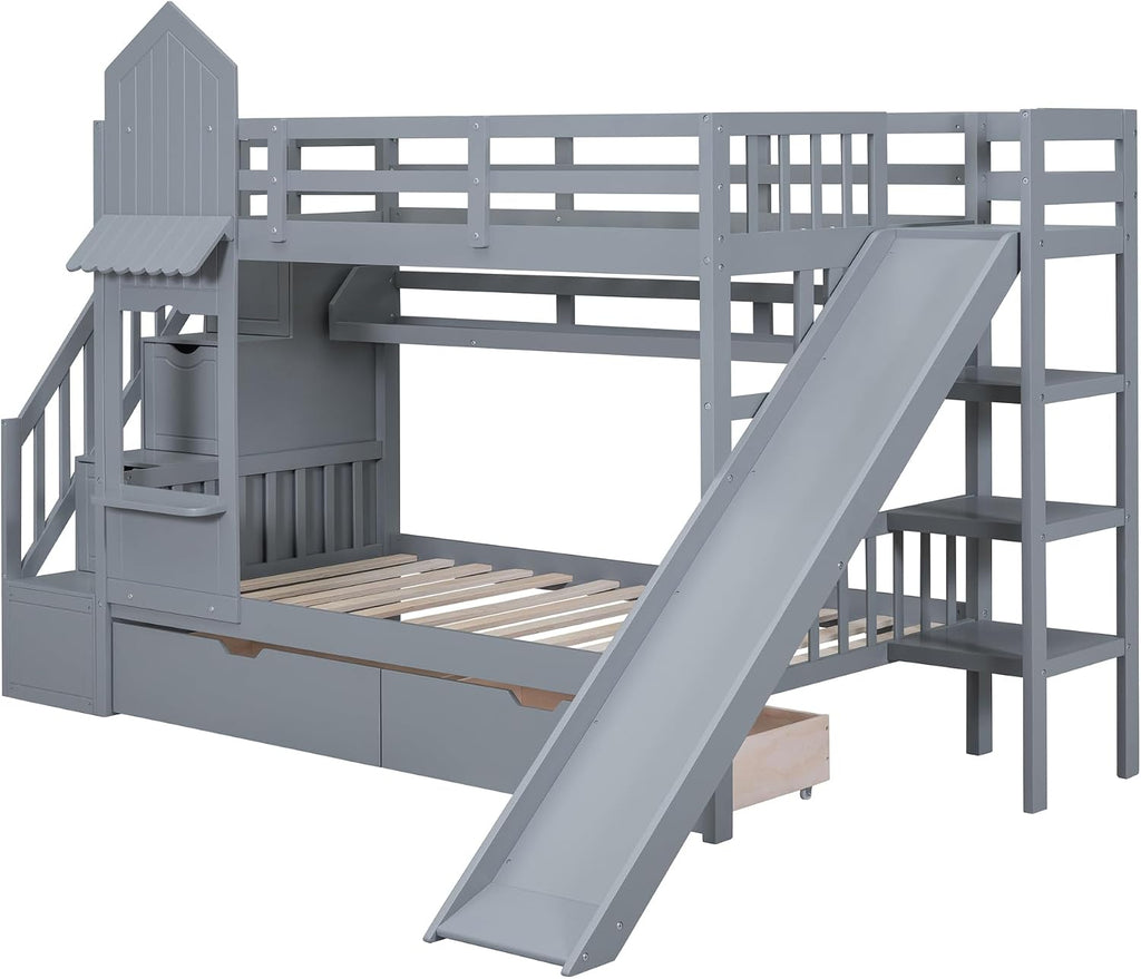Harper & Bright Designs Kids Bunk Bed with Staircase and Slide, Twin Over Twin Wood Bunk Bed Frame with Storage Drawers & Bookshelf, Castle Style Bunk Beds for Girls, Boys (Gray)