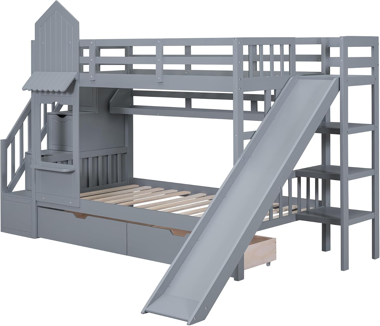 Harper & Bright Designs Kids Bunk Bed with Staircase and Slide, Twin Over Twin Wood Bunk Bed Frame with Storage Drawers & Bookshelf, Castle Style Bunk Beds for Girls, Boys (Gray)