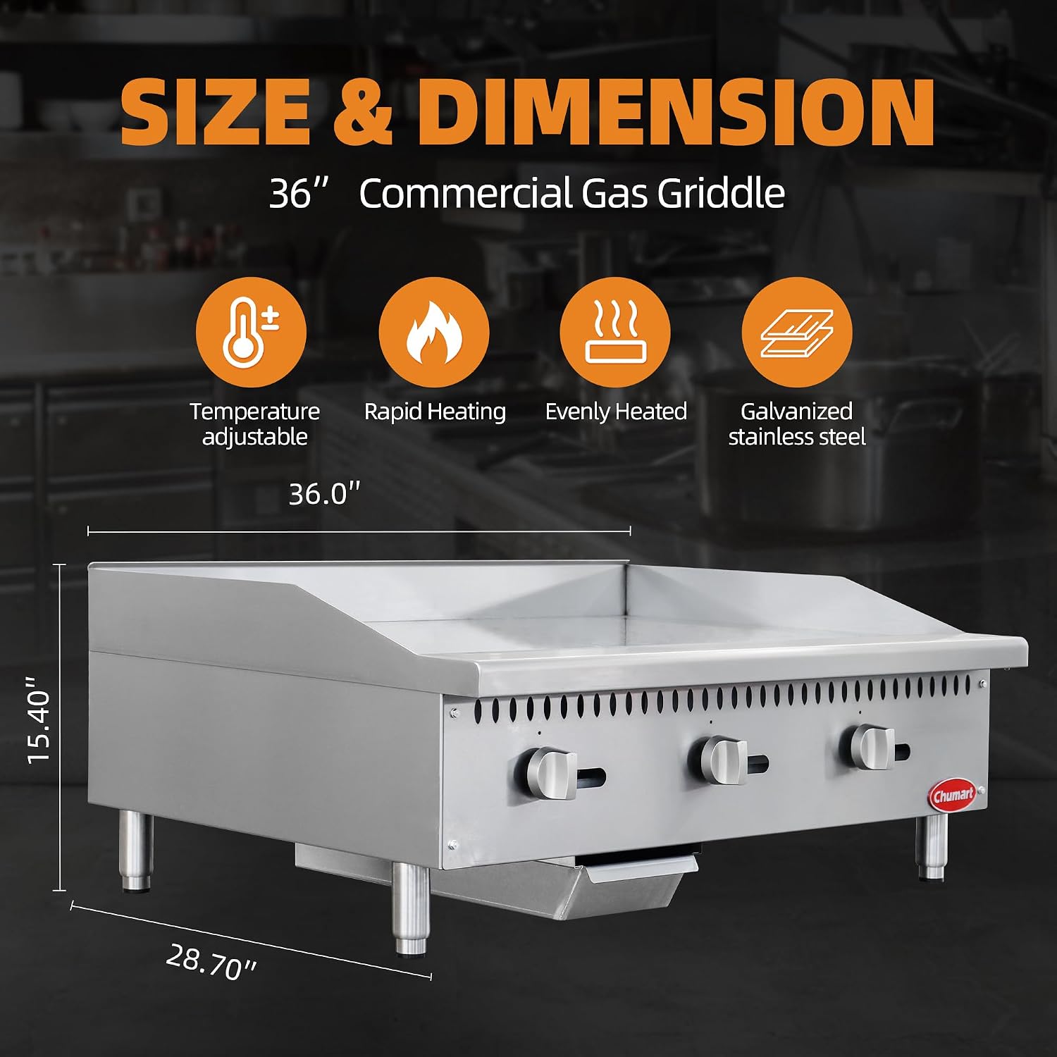 36' Commercial Countertop Griddle, 3 Burners Gas Griddle, 90000 BTU Output, Stainless Steel Flat Top Grill Hot Plate with Natural Gas and Propane Conversion Kit for Restaurant,Food Truck