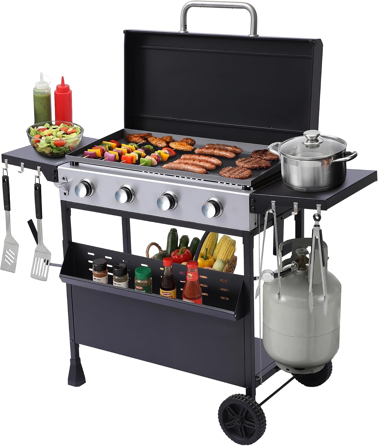 TITIMO 4-Burner Propane Gas Griddle with Removable Standing Cart and Enameled Cast Iron Pan, Portable Barbecue Grill with Side Tables and Spice Rack, Outdoor Gas BBQ for Patio and Party, 32,000 BTU