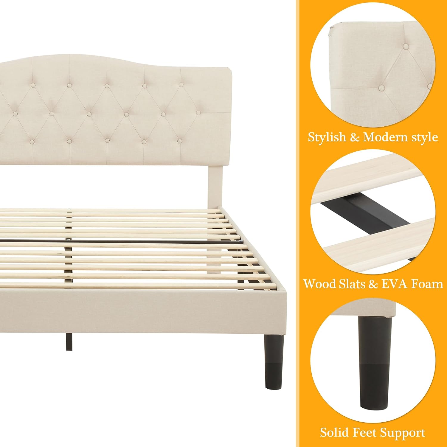 VECELO Full Size Bed Frame Upholstered Platform with Tufted Adjustable Headboard/Mattress Foundation with Wood Slat Support, Easy Assembly,Beige