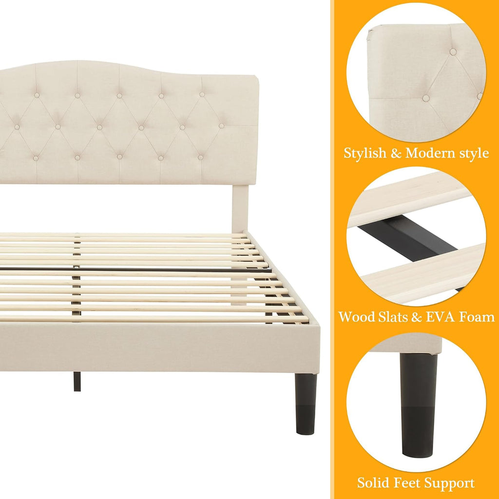 VECELO Queen Size Bed Frame Upholstered Platform with Tufted Adjustable Headboard/Mattress Foundation with Wood Slat Support, Easy Assembly,Beige