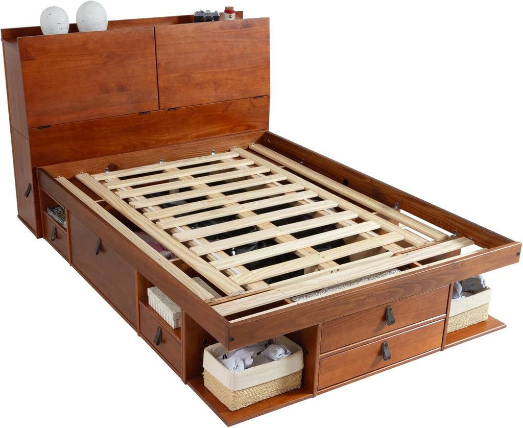 memomad Bali Set: Storage Platform Bed with Drawers + Bookcase Headboard (Full Size, Caramel Brown Wood)