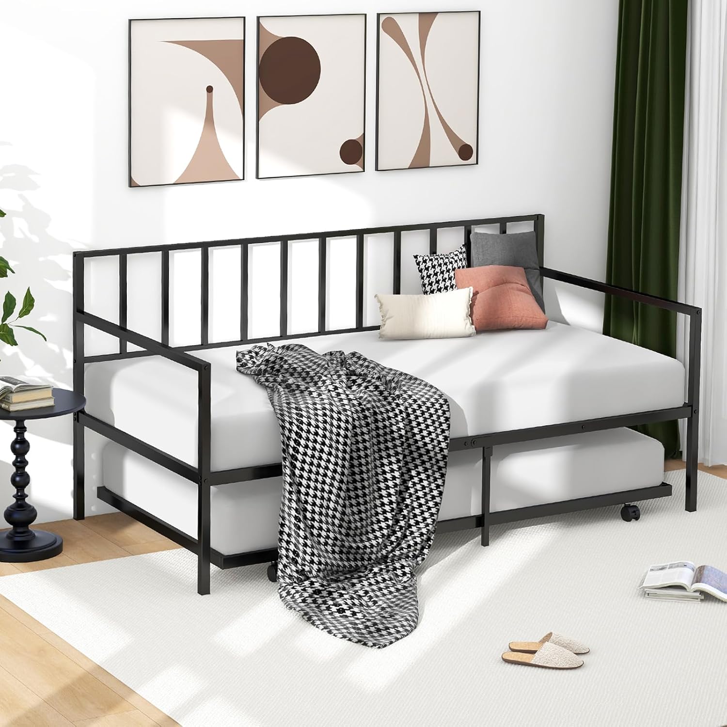 KOMFOTT Twin Metal Daybed with Trundle, Metal Sofa Bed & Pull-Out Trundle Set with Lockable Casters, Daybed for Living Room, No Box Spring Needed