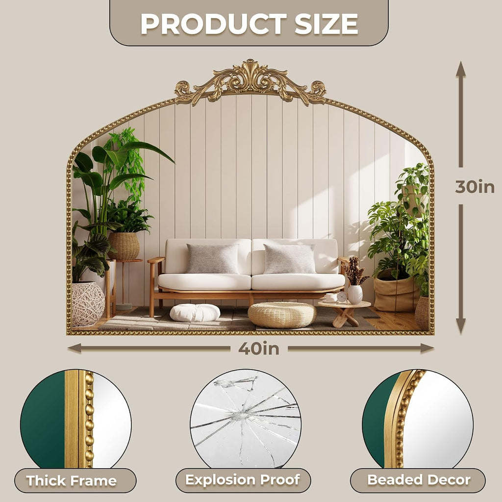 40'x30' Gold Large Antique Mirror, Vintage Baroque Mirror with Ornate Beaded Frame for Home Decor - Living Room, Entryway, Bathroom, Fireplace