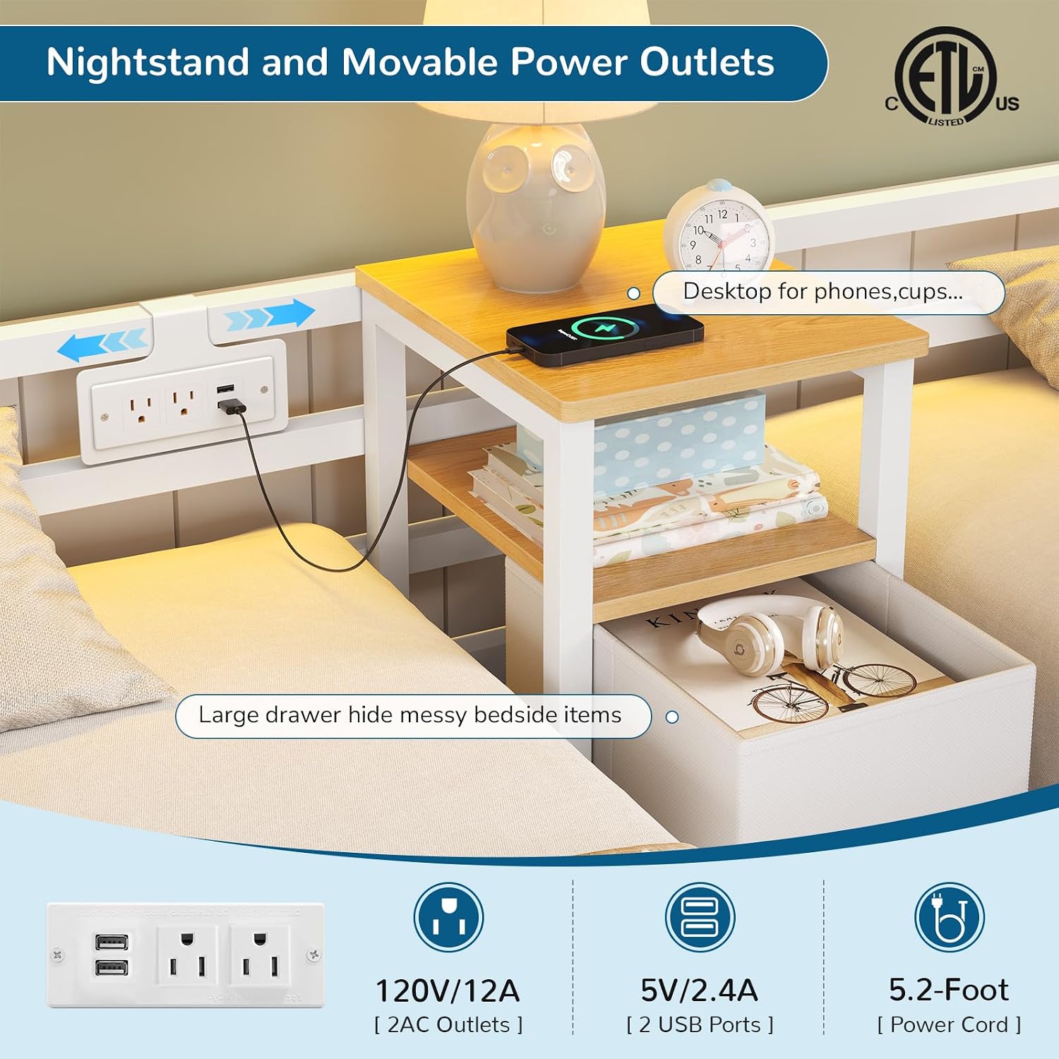 Triple Bunk Bed with Storage Drawers and Bedside Shelf, Twin Over Twin Bunk Bed for Kids/Teens with LED Lights and Charging Station, Heavy Duty Metal Bunk Beds with Safety Guardrail and Ladder, White