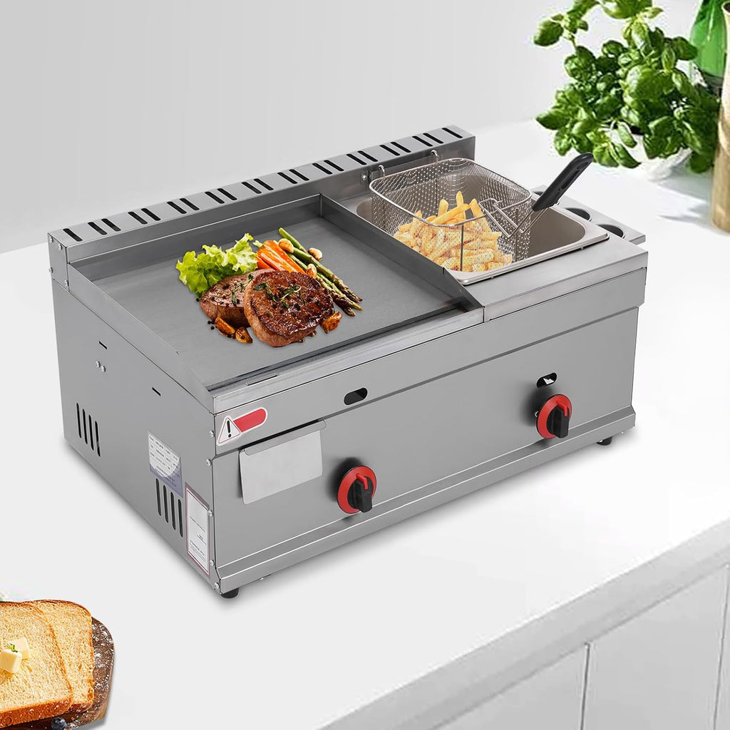 Countertop Deep Fryer with Griddle,Commercial Gas Propane Flat Top Grill Griddle with Baskets & Lid,Multi-function Dual Operation Console Gas Deep Fryer