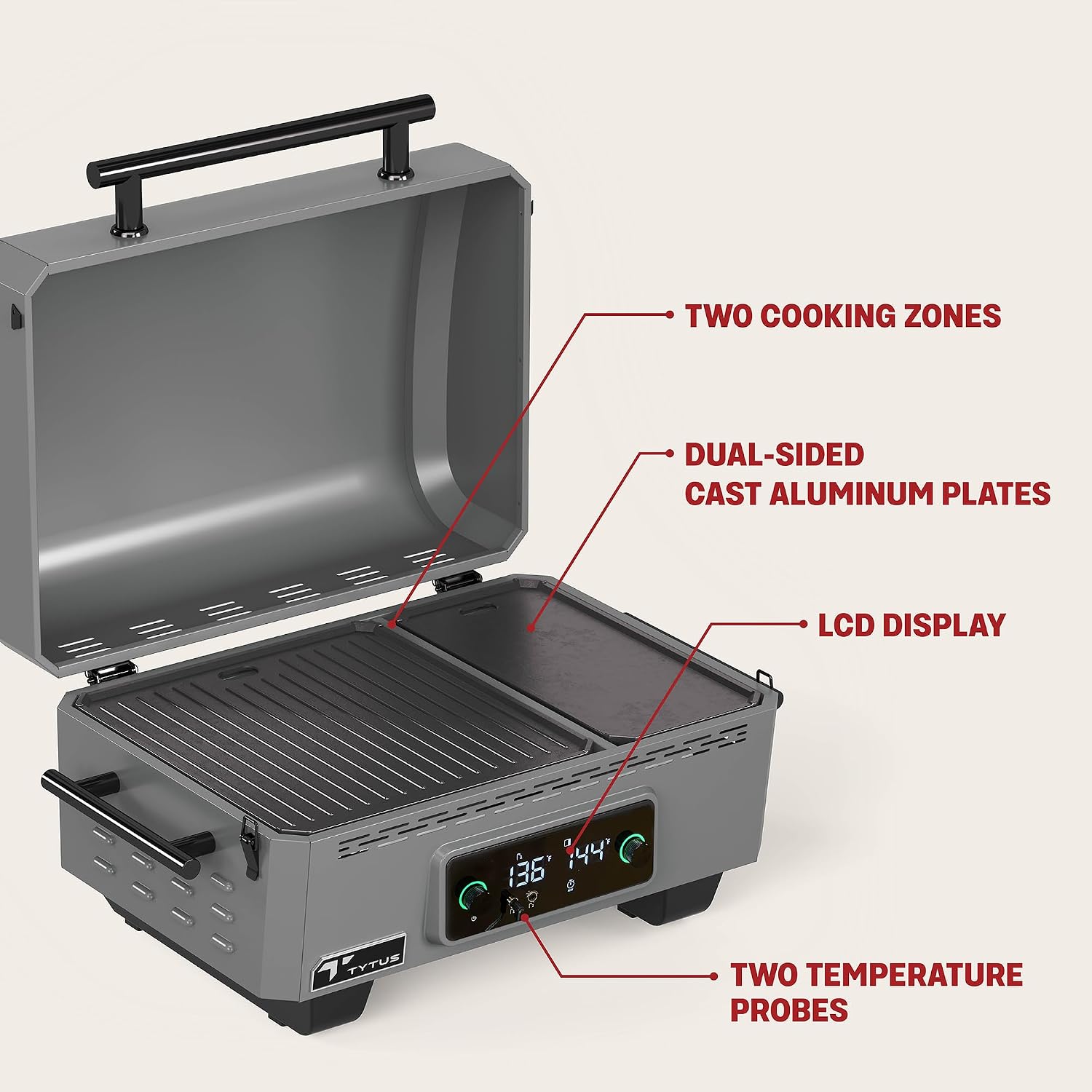 TYTUS Tabletop Electric Grill & Griddle Combo with 318 Sq. In Cooking Area and Cover, Dual-Sided Aluminum Plates, up to 500F, LCD Display with 2 Temp Probes