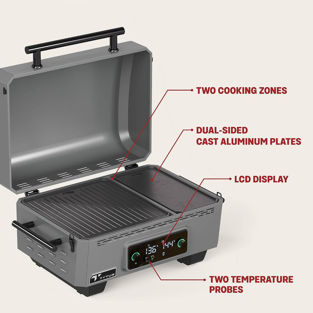 TYTUS Tabletop Electric Grill & Griddle Combo with 318 Sq. In Cooking Area, Dual-Sided Aluminum Plates, up to 500F, LCD Display with 2 Temp Probes