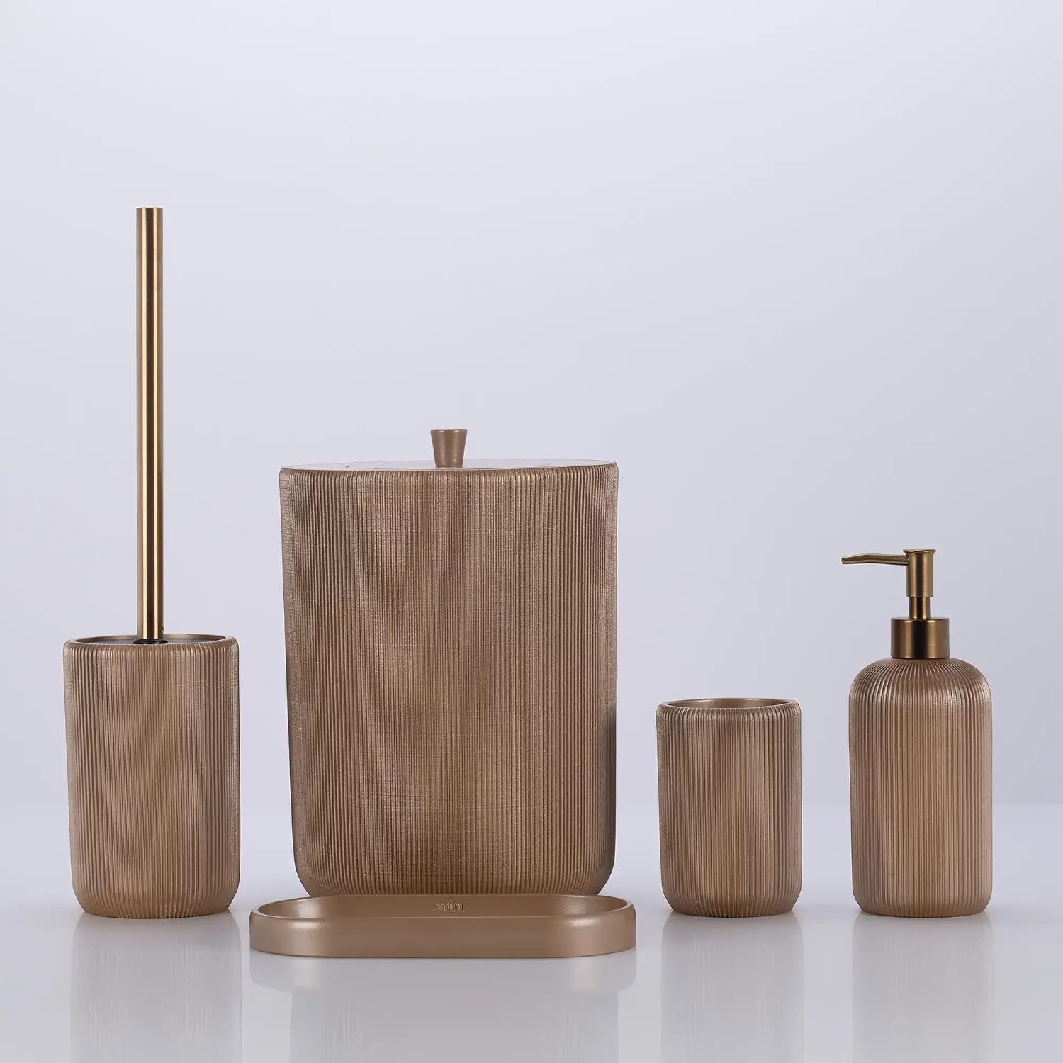 Lydia Collection 5-Piece Resin Bathroom Accessories Set – Toilet Brush Holder, Waste Bin, Soap Dispenser, Tray & Toothbrush Holder (Mink)