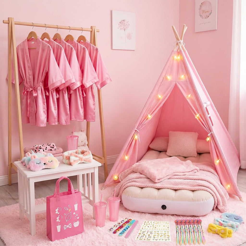 6 Set Sleepovers Teepee Tents Spa Slumber Party Robes Supplies Bulk with Inflatable Airbed and Light String, Birthday Favors Gift Indoor Outdoor (Complete,6 Pink)