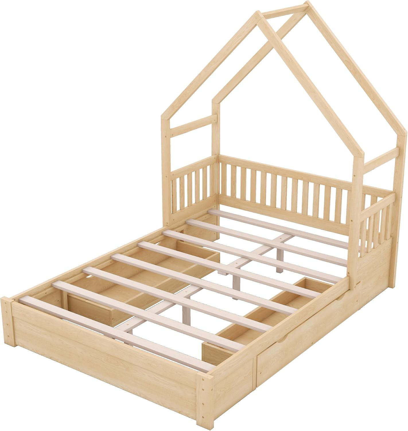 VilroCaz Wood Queen Size House Platform Bed with Safety Fence, Montessori Platform Bed with House Shape Headboard and 2 Drawers for Kids Boys Girls, Sturdy Slats Support (Natural-Q)