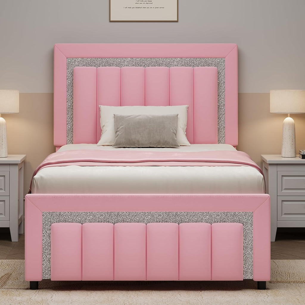 HOMBCK Twin Bed Frames for Kids, Twin Size Bed Frame with LED Lights and Velvet Upholstered Adjustable Headboard, Princess Diamond Design, Wooden Slats Support, Noise Free, No Box Spring Needed, Pink