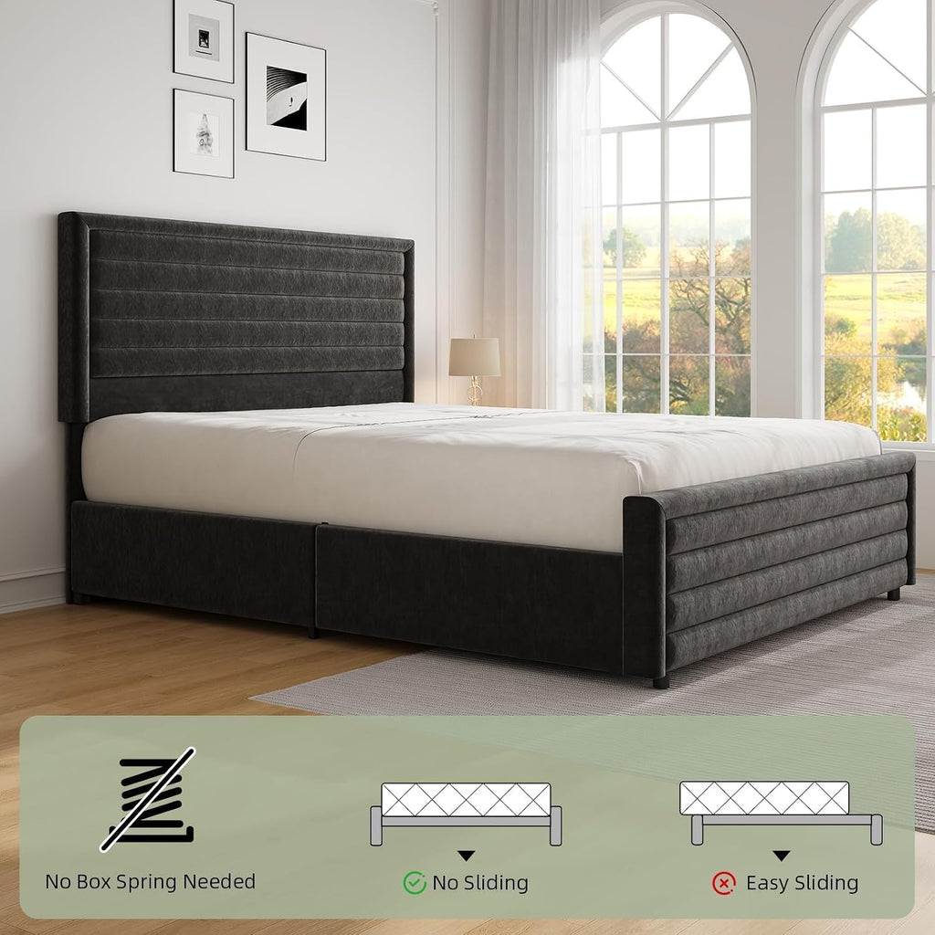 REVOMINCA Full Size Bed Frame, Full Platform Bed Frame with Velvet Upholstered Headboard, No Box Spring Needed, Easy Assembly, Black