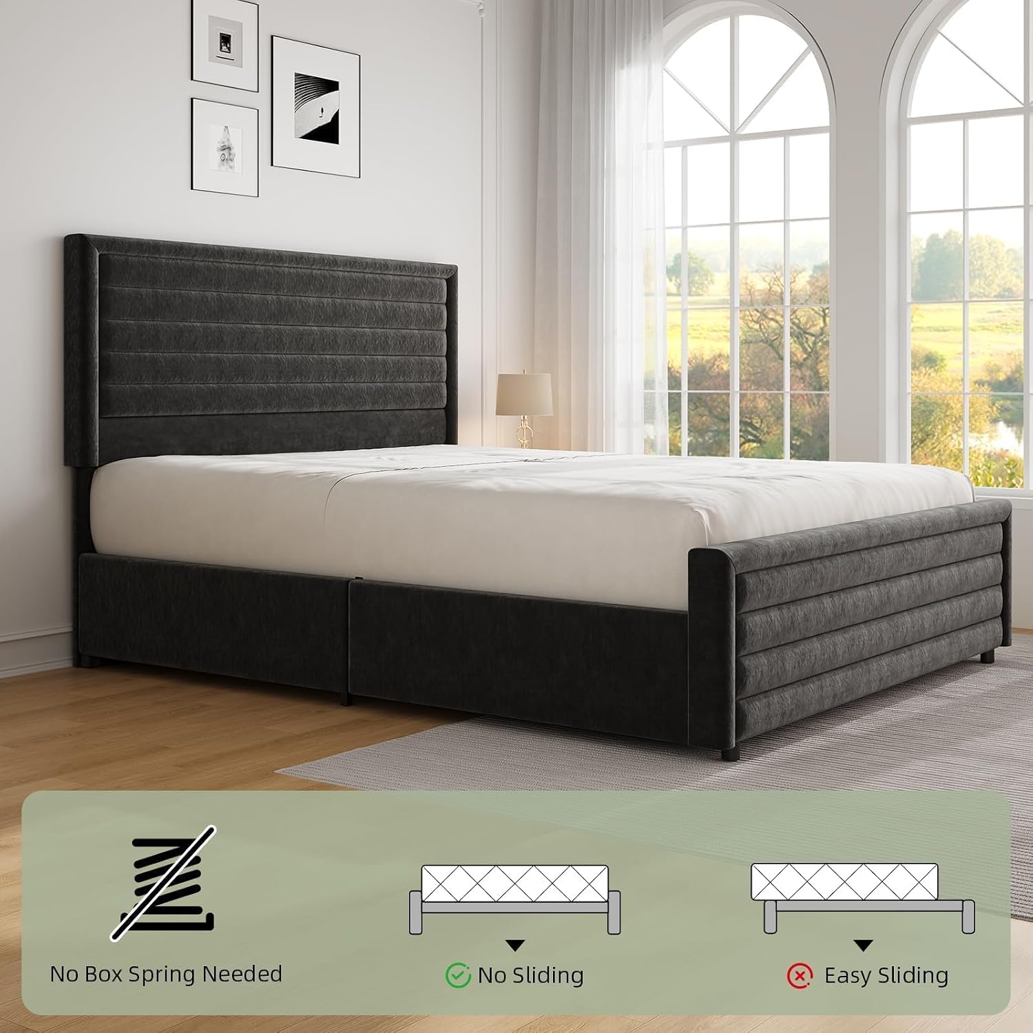 REVOMINCA Full Size Bed Frame, Full Platform Bed Frame with Velvet Upholstered Headboard, No Box Spring Needed, Easy Assembly, Black