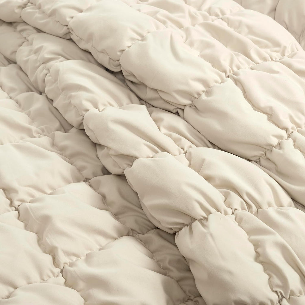 Lush Decor Puff Quilted Comforter Set, 3 Piece Set, Full/Queen, Neutral - Teen Bedding Set - Super Soft Comforter - Neutral Dorm Decor - Textured Minimalist & Modern Bedroom Decor