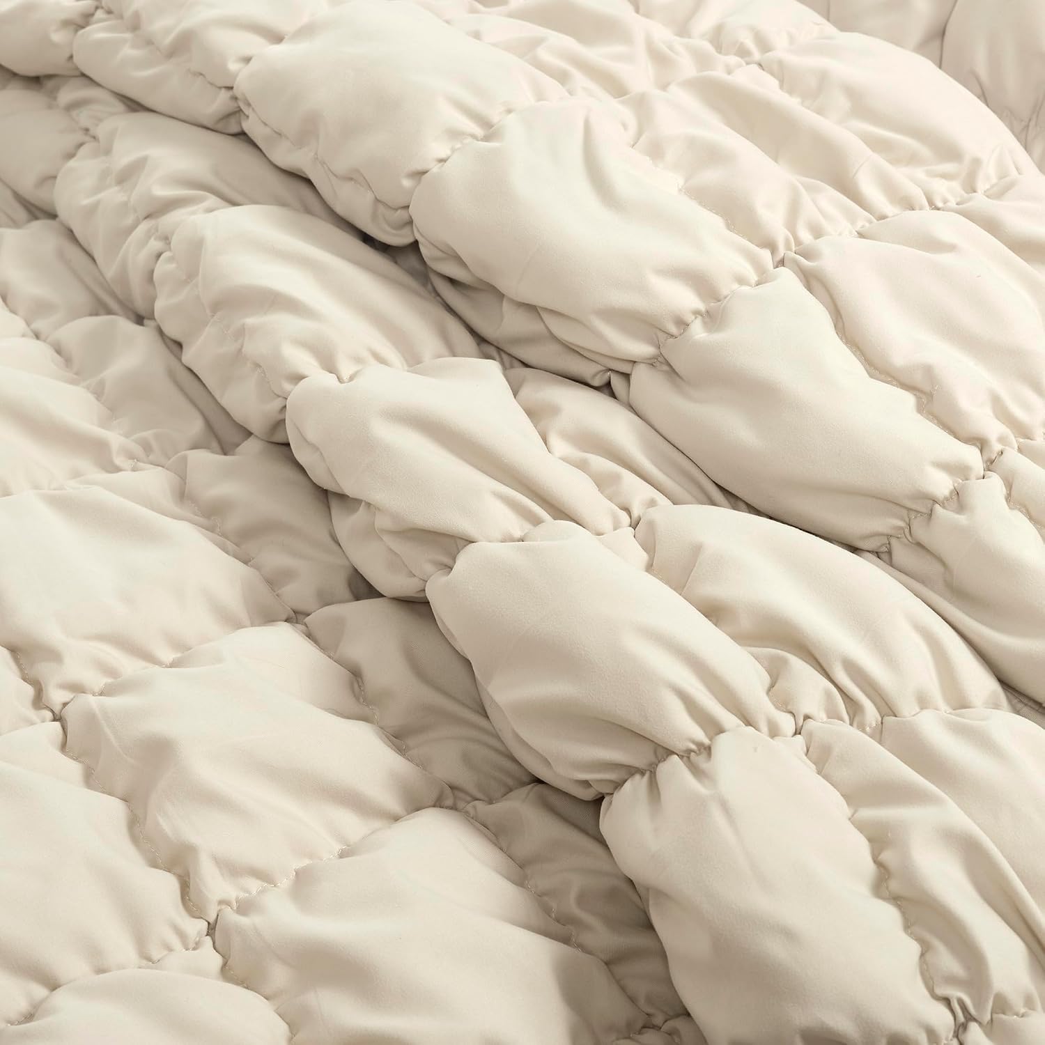 Lush Decor Puff Quilted Comforter Set, 3 Piece Set, Full/Queen, Neutral - Teen Bedding Set - Super Soft Comforter - Neutral Dorm Decor - Textured Minimalist & Modern Bedroom Decor