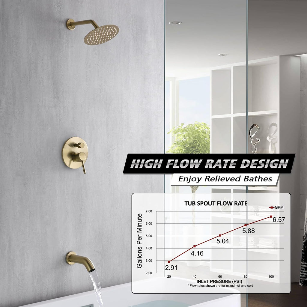 sumerain Shower and Tub Faucet Set Brushed Gold Rain Shower Faucet with Tub Spout, 8' Shower Head, High Flow