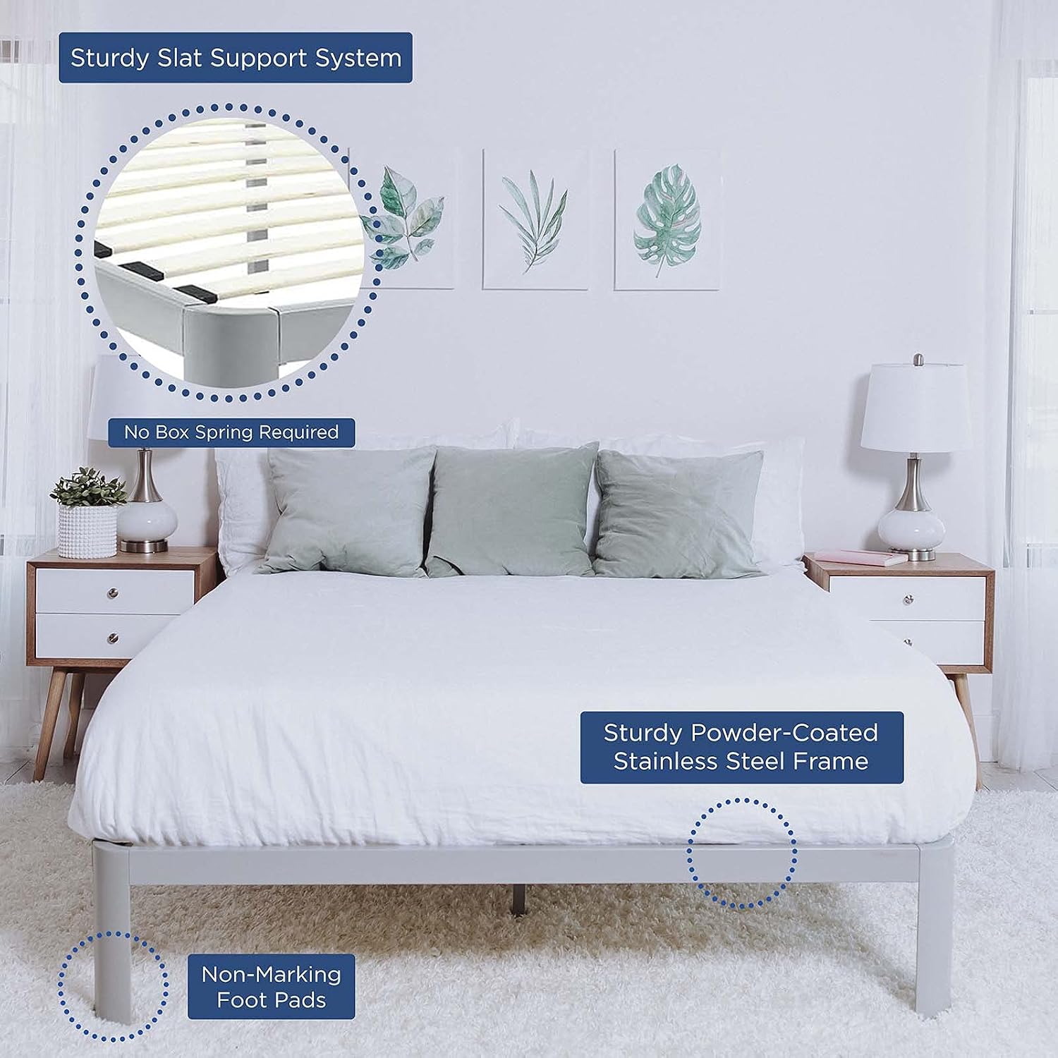 Modway Corinne Steel Modern Mattress Foundation Queen Bed Frame with Wood Slat Support in Gray
