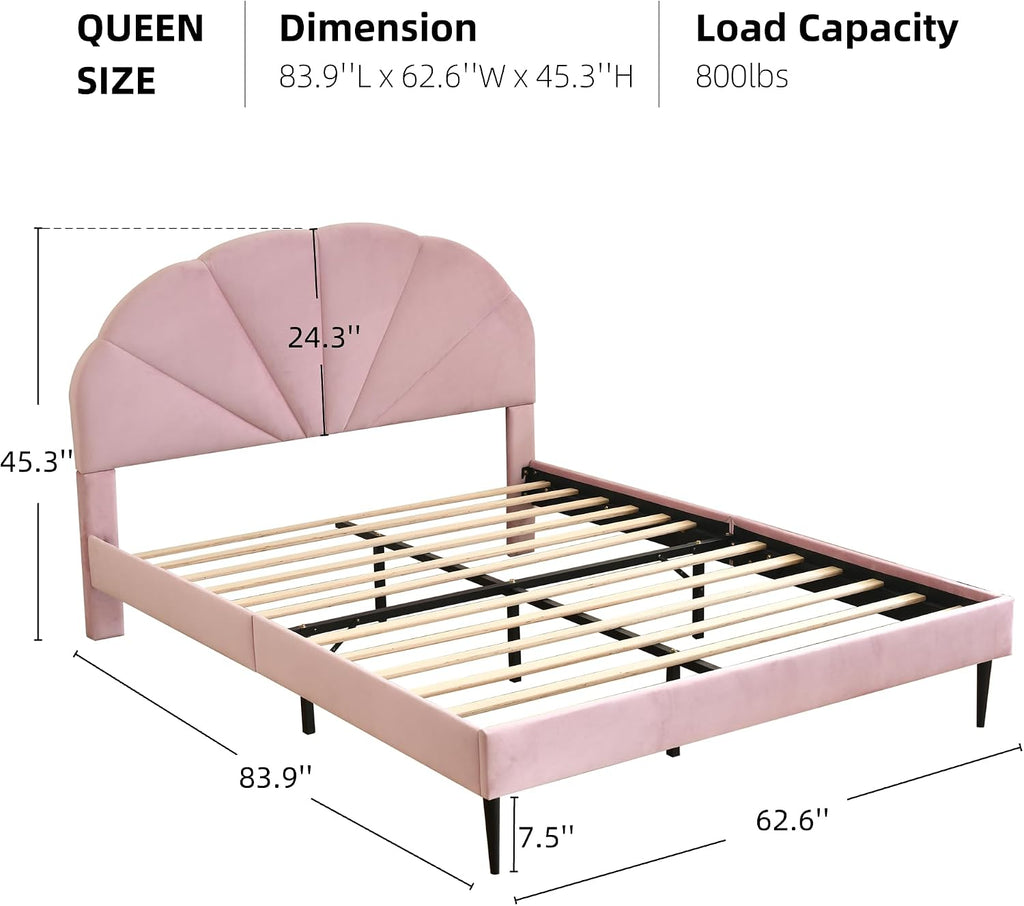 VELOCAVA Pink Bed Frame Queen Size, Heavy Duty Upholstered Bed with Unique Headboard, Soft Velvet Platform Bed with Strong Wooden Slats Support, No Box Spring Needed, Easy to Assemble