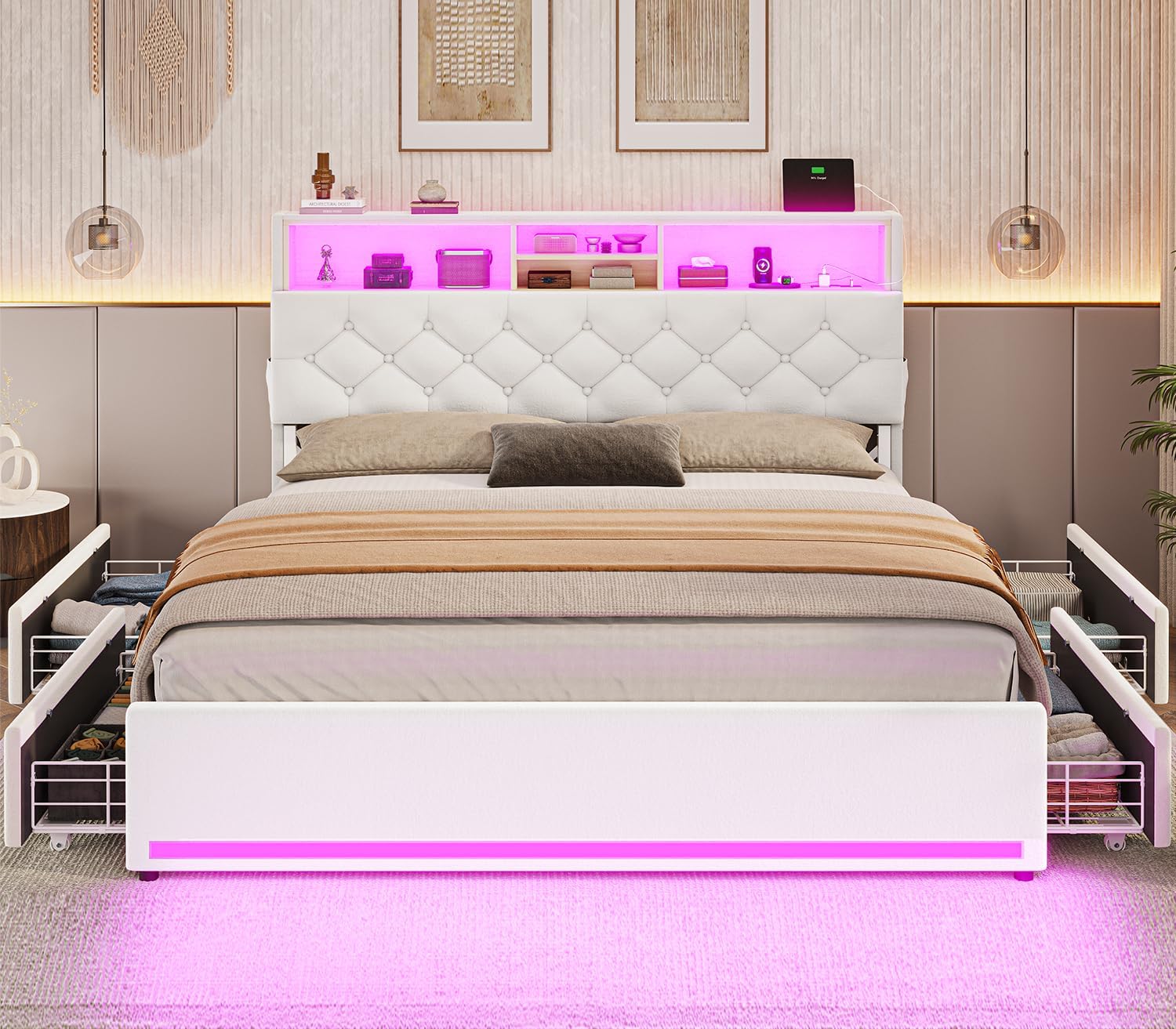BTHFST Full Size Bed Frame with 4 Drawers & Storage Headboard, LED Bed Frame Full with Charging Station, Velvet Upholstered Bed with Metal Slats, No Box Spring Needed, Creamy White