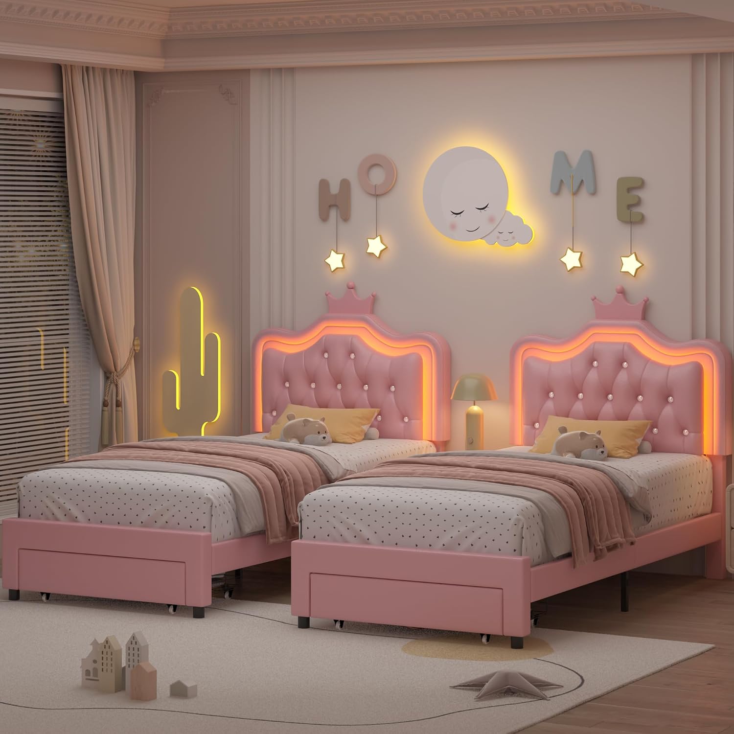 Keyluv 2 Set Twin Upholstered LED Bed Frame with Storage Drawer for Kid, Leather Princess Platform Bed with Adjustable Crystal Button Tufted Crown Headboard, Solid Woode Slats Support, Pink