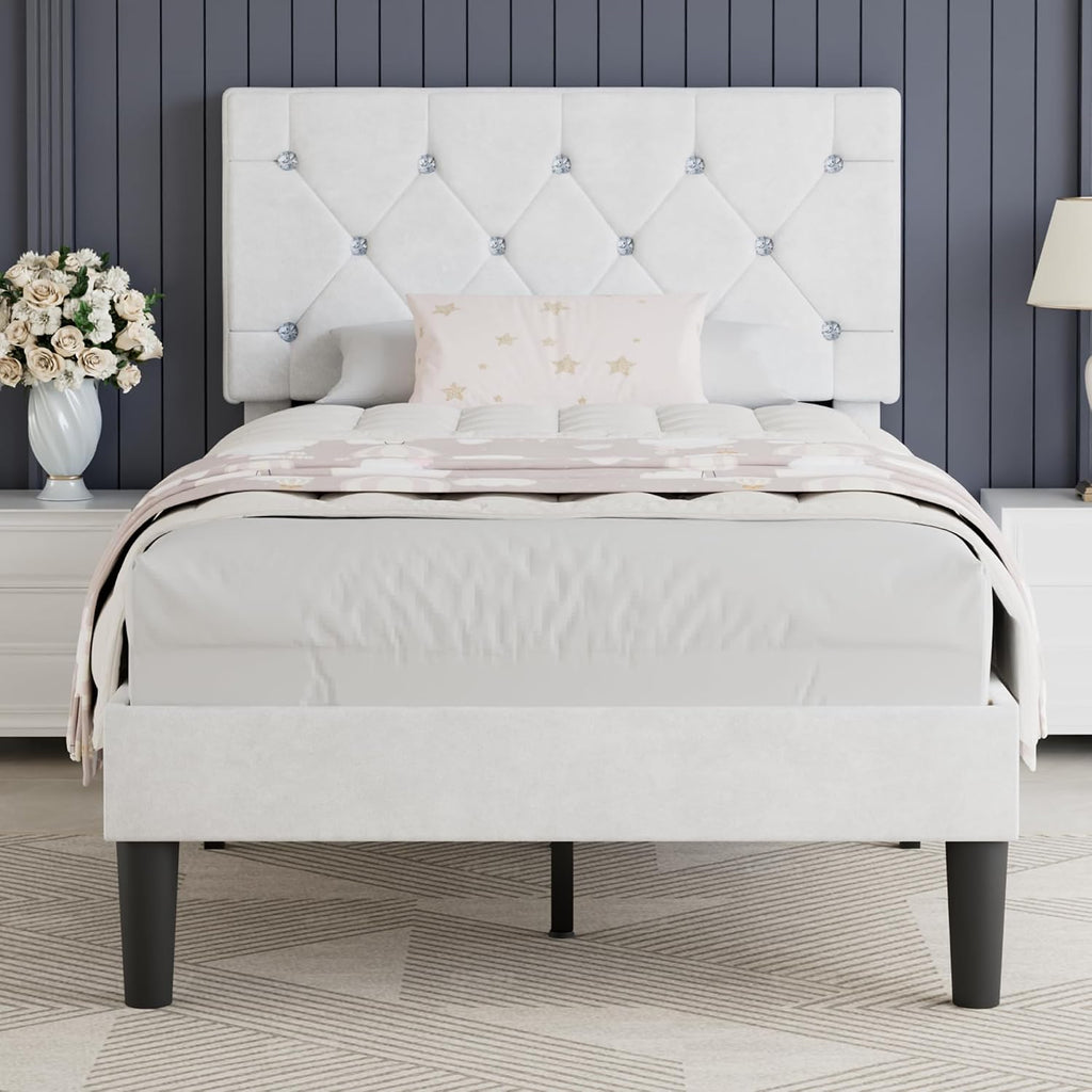 VECELO Twin Size Bed Frame with Diamond Tufted Headboard, Upholstered Platform Bedframe with Wood Slat Support, No Box Spring Needed, Velvet & White