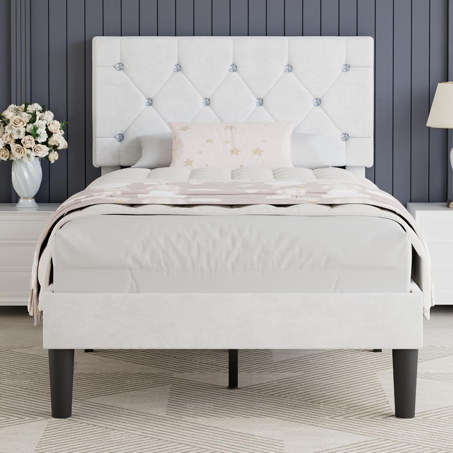 VECELO Twin Size Bed Frame with Diamond Tufted Headboard, Upholstered Platform Bedframe with Wood Slat Support, No Box Spring Needed, Velvet & White