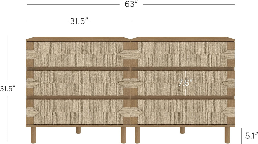 Nathan James Beacon 3 Drawer, Light Brown Boho, Bohemian Woven Seagrass Storage Cabinet for Living Room, Set of 2