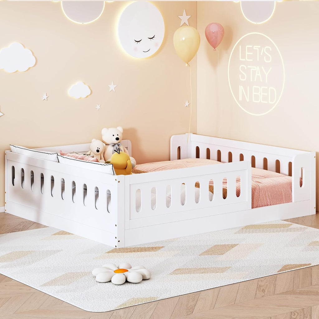 Platform Bed with Guardrails,Wood Floor Bed Frame for Bedroom,No Box Spring Needed (White, Full Size)
