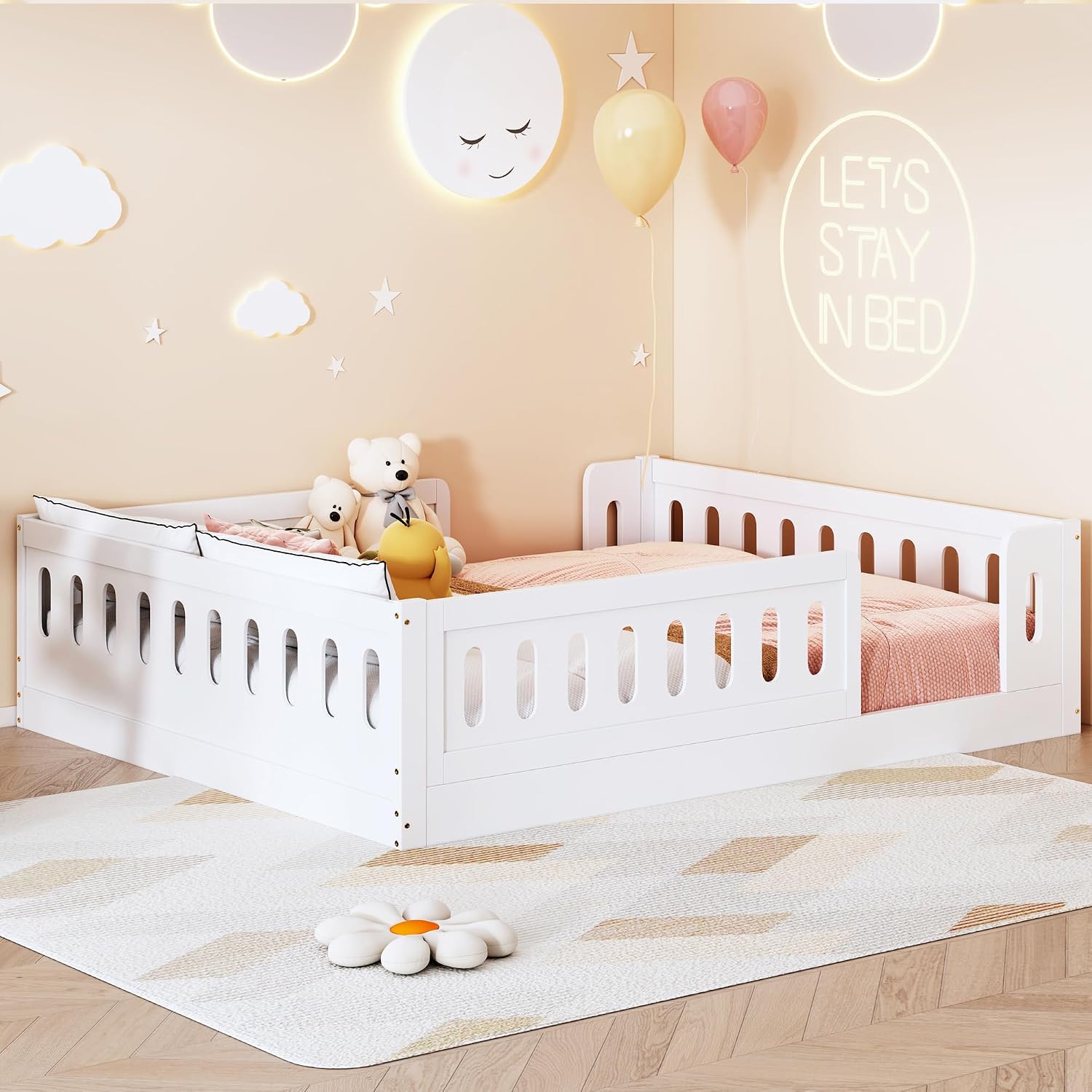Platform Bed with Guardrails,Wood Floor Bed Frame for Bedroom,No Box Spring Needed (White, Full Size)