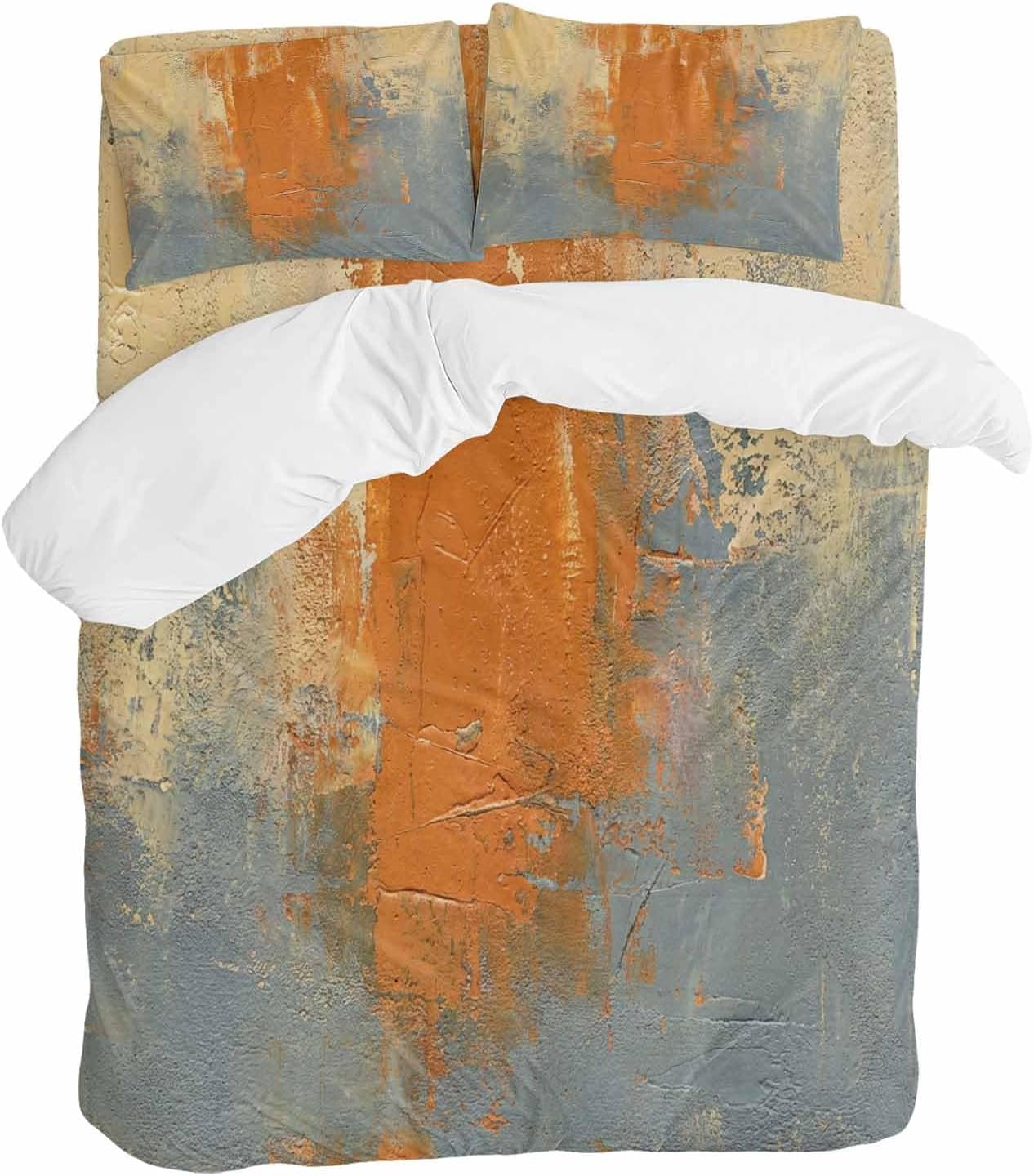 Abstract Art Duvet Cover Set Queen Size 4 Pieces Orange Grey Wall Mottled Texture Minimalist Modern Bedding Set with Zipper Closure, 1 Comforter Cover 92x106 Inches 1 Flat Sheet & 2 Pillow Cases