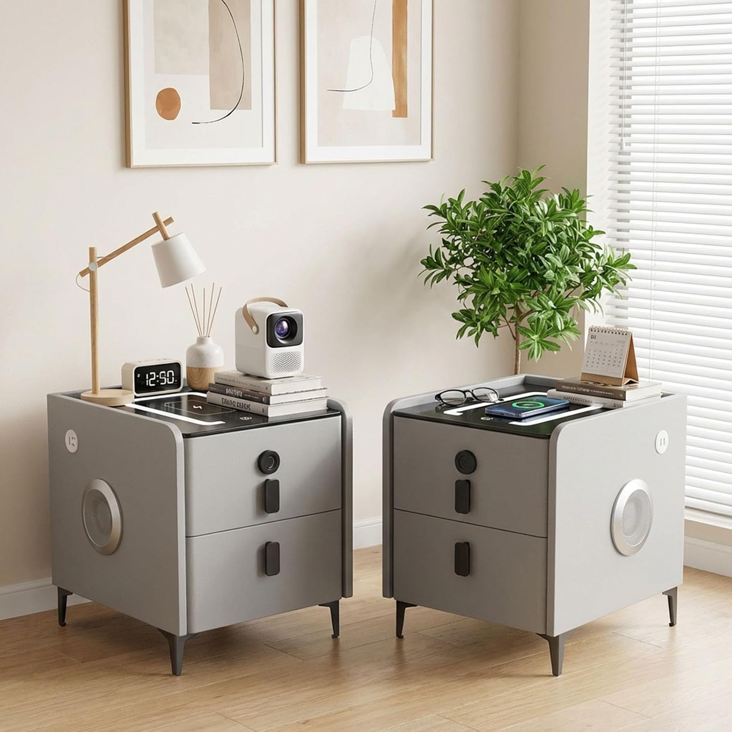 Night Stand Set 2, Grey Nightstand with Charging Station & Hutch, Night Stands for Bedrooms Set of 2, Bedside Table with Drawers and Bluetooth Speaker