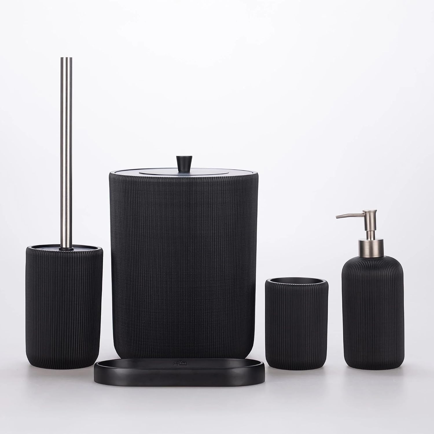 Lydia Collection 5-Piece Resin Bathroom Accessories Set – Toilet Brush Holder, Waste Bin, Soap Dispenser, Tray & Toothbrush Holder (Black)