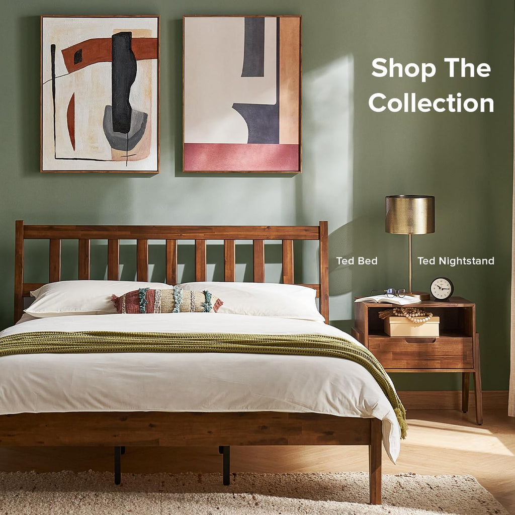 mopio Ted Bed Frame with Headboard, Mid Century Modern Acacia Solid Wood Platform Bed Frame, Wooden Slats, No Box Spring, Double Metal Bar Support (Solid Wood, Queen (U.S. Standard))