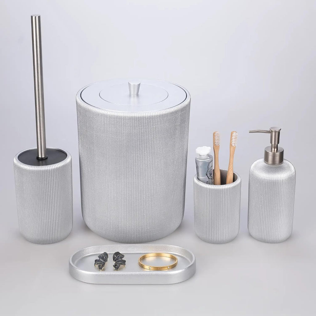 Lydia Collection 5-Piece Resin Bathroom Accessories Set – Toilet Brush Holder, Waste Bin, Soap Dispenser, Tray & Toothbrush Holder (Silver)