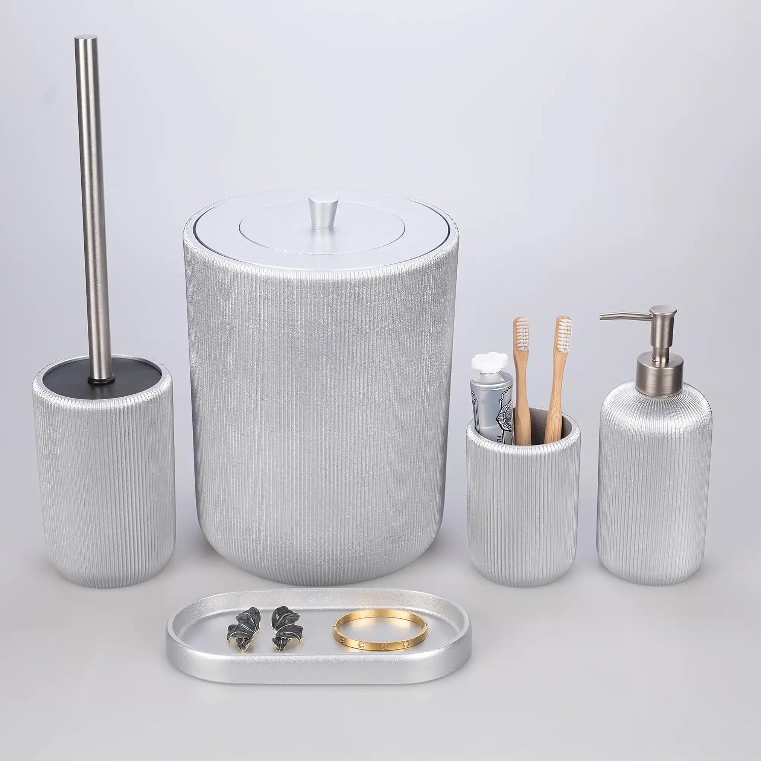 Lydia Collection 5-Piece Resin Bathroom Accessories Set – Toilet Brush Holder, Waste Bin, Soap Dispenser, Tray & Toothbrush Holder (Silver)