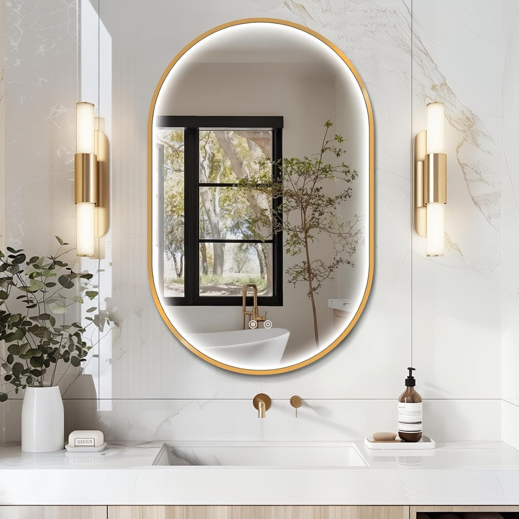 32'x20' Oval Led Mirror for Bathroom, Gold Metal Framed Lighted Vanity Mirror with Lights, Anti-Fog Light Up Mirror with 3 Colors Dimmable, Frontlit, Shatterproof, Horizontal/Vertical