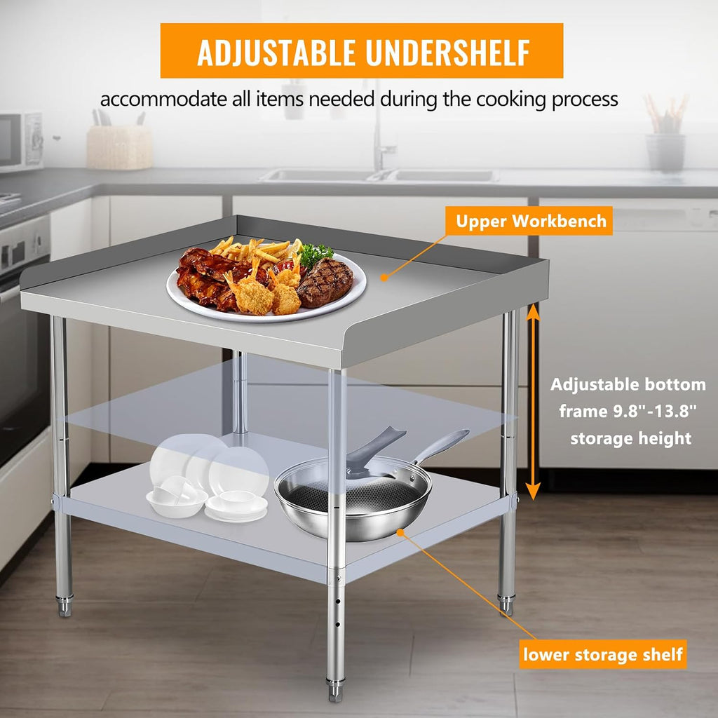 48'x28'x30' Stainless Steel Grill Stand Table, NSF Certified, 400 lbs Capacity, Adjustable Legs, 3-Sided 2' Edge Baffle for Kitchen, Restaurant, Hotel