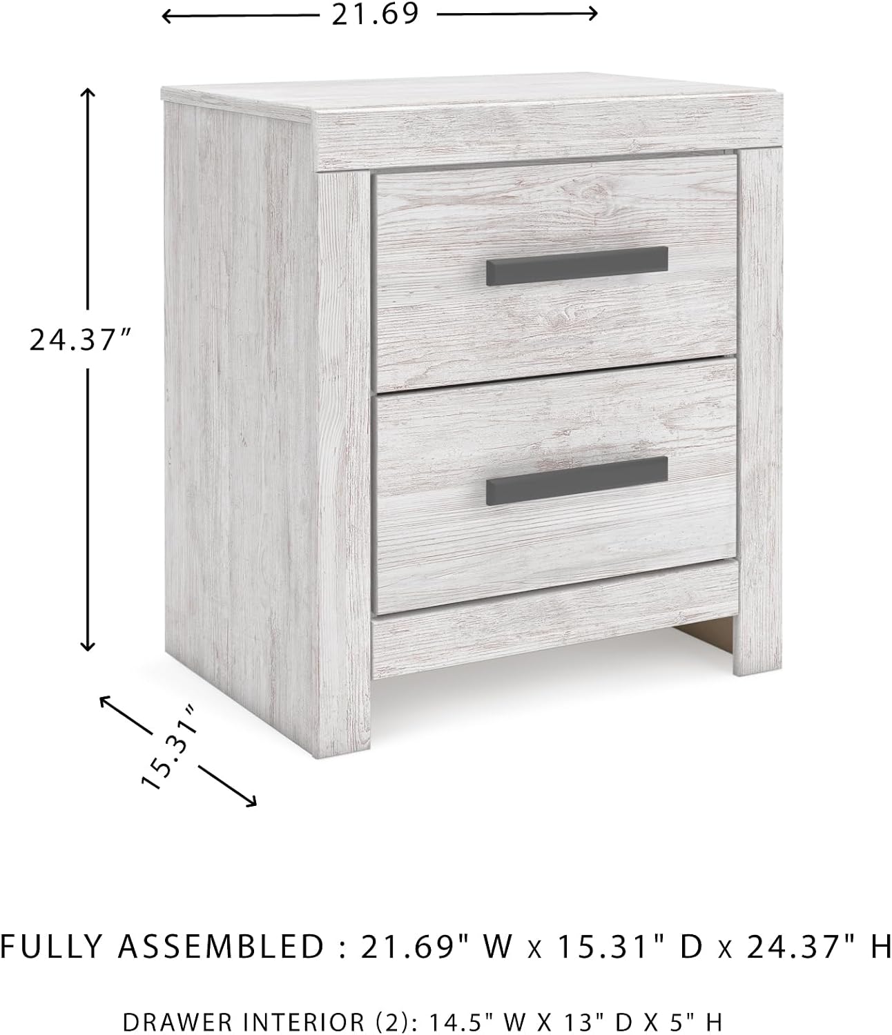 Signature Design by Ashley Cayboni Casual Nightstand with Framed Front and Pilasters, 2 Storage Drawers, Large Black Handles, Wood, 24.37' High, White