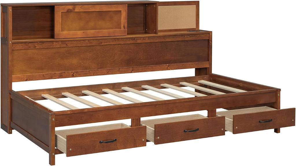 Wooden Daybed with 3 Storage Drawers, Upper Soft Board, Shelf, and a Set of Sockets and USB Ports, Multi-Functional Bed Frame for Bedroom, Twin Size, Walnut