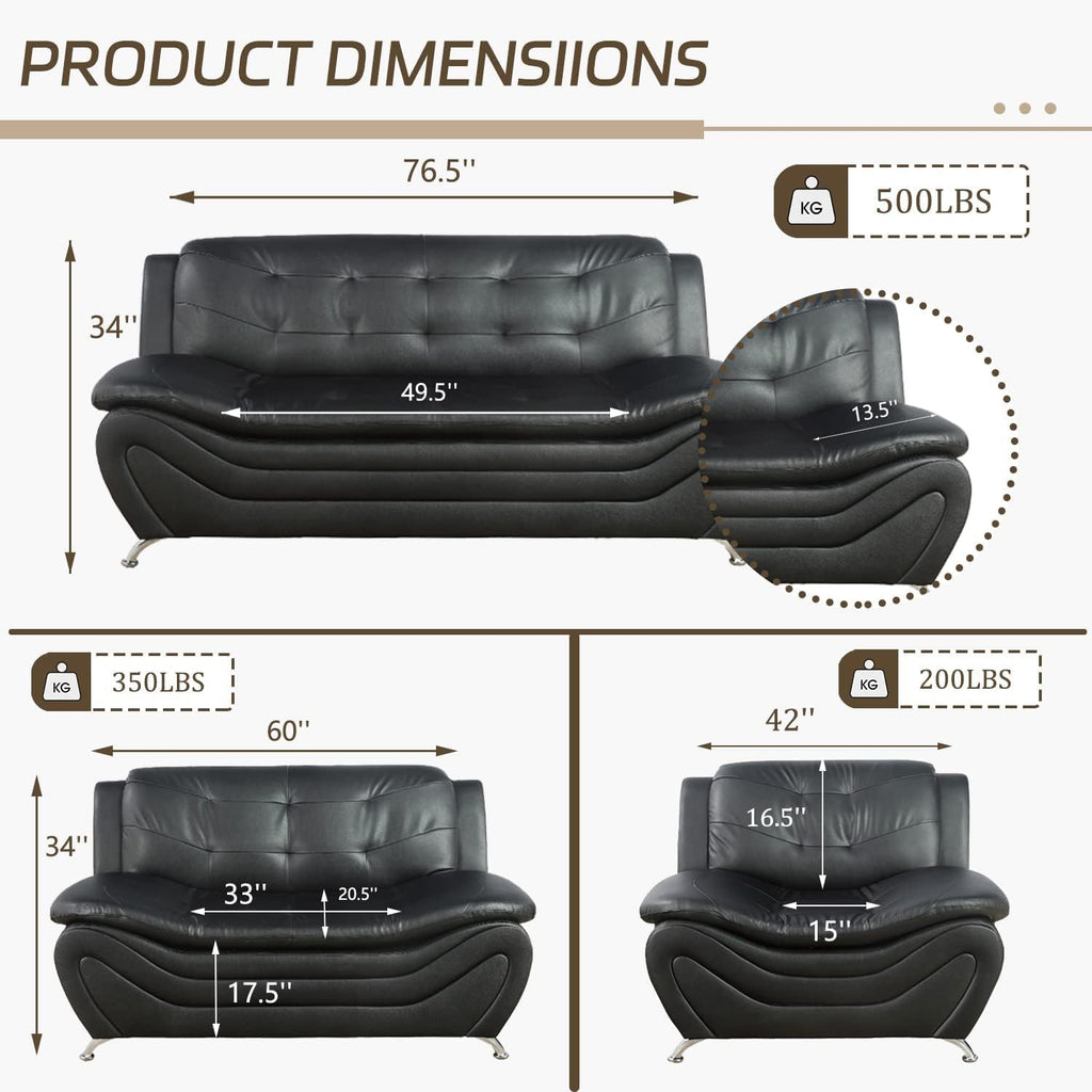 Contemporary Living Room Furniture Set, Faux Leather Sofa Set for Living Room/House/Bedroom/Office/Apartment (Black-A, Full Set(3PCS)), F45&F46