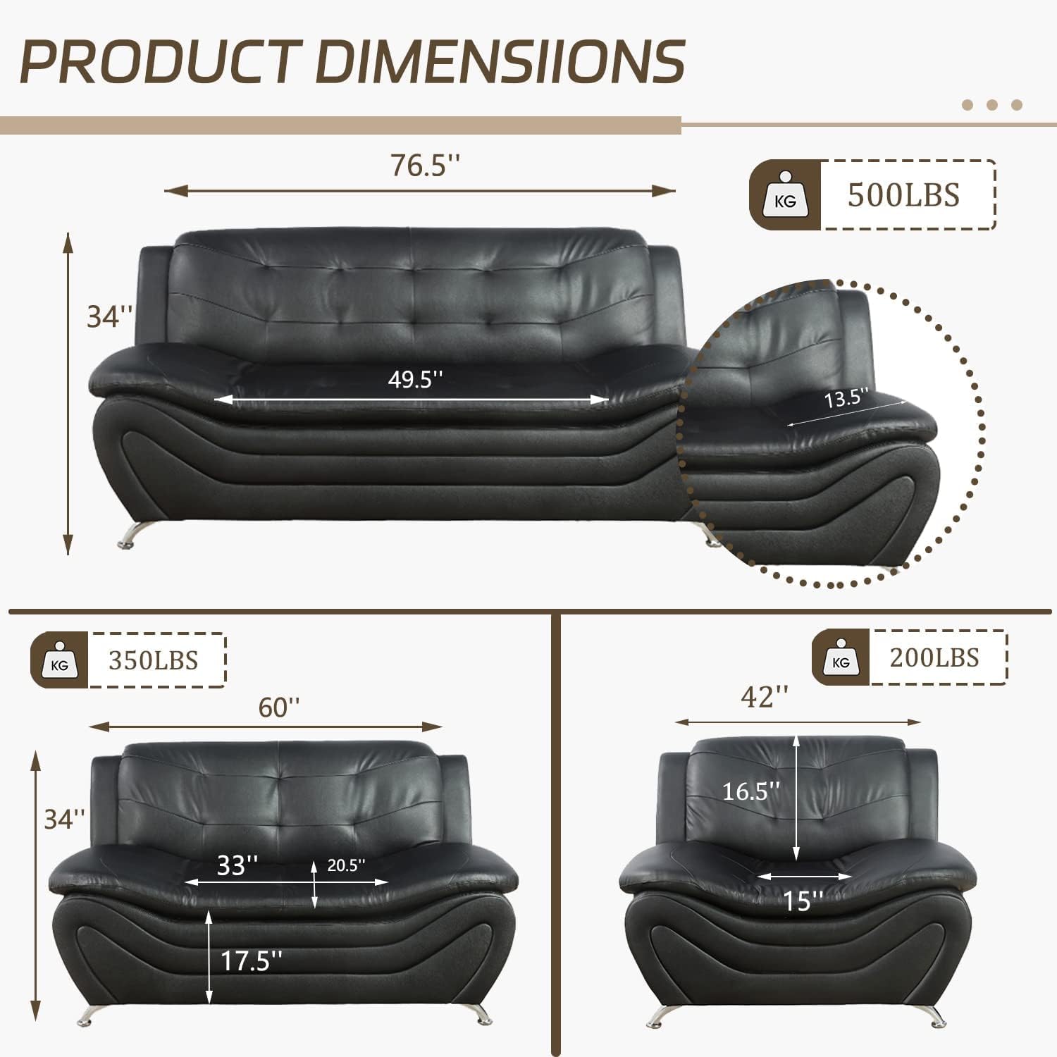 Contemporary Living Room Furniture Set, Faux Leather Sofa Set for Living Room/House/Bedroom/Office/Apartment (Black-A, Full Set(3PCS)), F45&F46