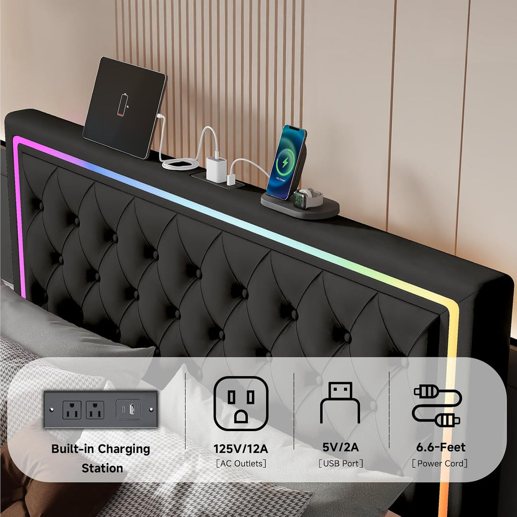 LED Full Size Bed Frame with Headboard and Storage,Full Bed Frame with 4 Storage Drawers and LED Lights,Velvet Upholstered Platform Bed Frame Full Size with Charging Station,No Box Spring Needed,Black