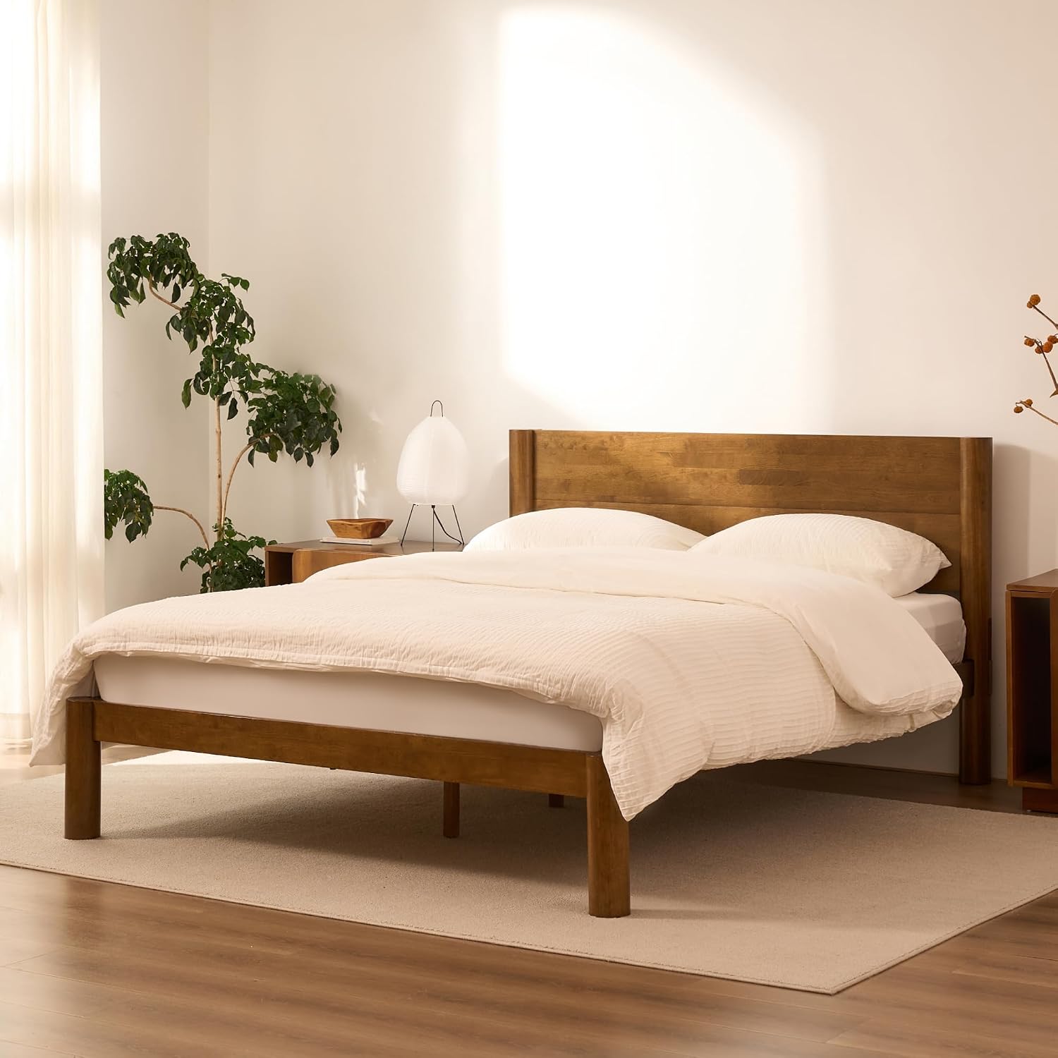 FLEXISPOT Hako G2 Japanese Joinery Bed Frame, Solid Rubberwood Queen Platform Bed with Storage Headboard, IAS&SGS Certified, Japandi Minimalist Style, No Tools Assembly, 10-Year Warranty, Walnut