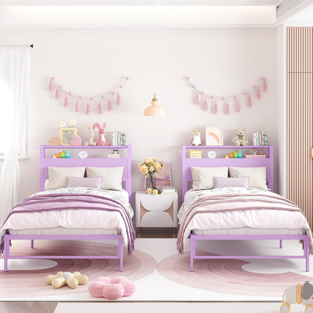 Weehom Twin Bed Frames for Kids with 2 Tiers Wood Storage Shelves Headboard, Twin Size Bed No Box Spring Needed Under Bed Storage Space Metal Platform for Girls and Adults, Purple