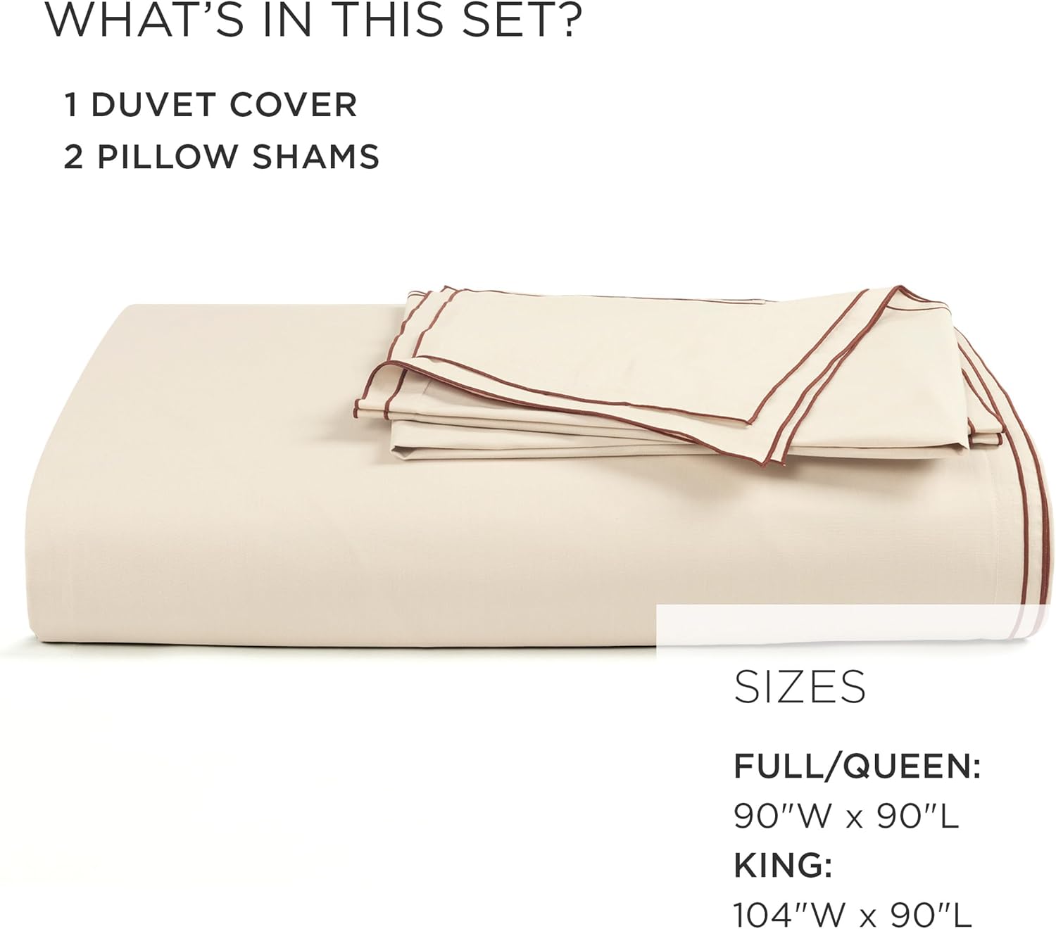 Lush Decor Hampton Double Flange Embroidered Contrast Edge Cotton Duvet Cover Set, 3 Piece Set, Full/Queen, Neutral & Copper - Luxury Hotel Bedding Set - Beige Duvet Cover - Minimalist Decor