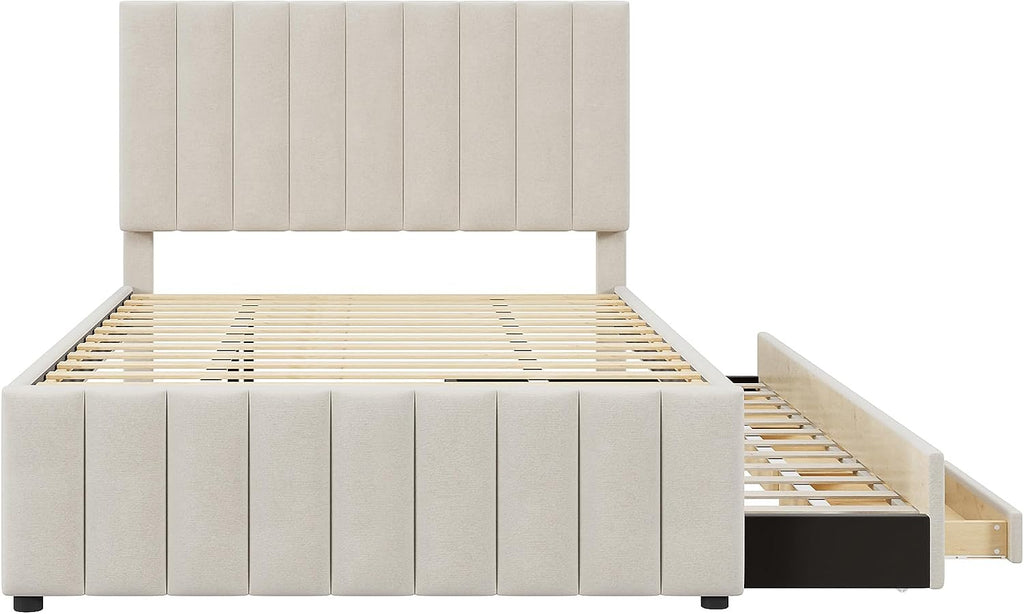 Merax Full Size Upholstered Platform Bed with Trundle and 3 Storage Drawers, Full Bed Frame & Tall Stripe Headboard for Bedroom, Solid Wood Slats Support, No Box Spring Needed, Easy Assembly, Beige