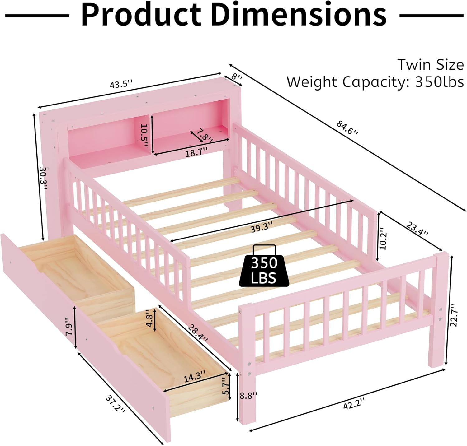 VilroCaz Wood Twin Size Platform Bed with Safety Fence for Kids Boys Girls, Platform Bed Frame with Practical Headboard and 2 Under-Bed Drawers, Sturdy Slats Support (Pink-3.15)